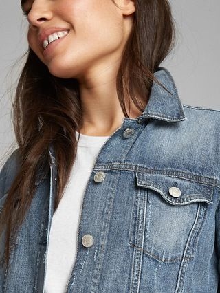 Gap Womens Destructed Icon Denim Jacket Medium Indigo Size L | Gap US