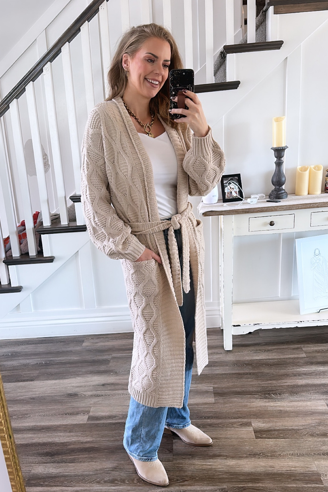 This long cardi is dreamy! Obsessed! True to size. Wearing a small 

This is the shirt from old navy I have in every color! Get it! True to size 

Jeans- perfect wide leg that doesn’t make you look 3 sizes bigger than you are. True to size 

Shoes- Walmart win! True to size 

#LTKSeasonal #LTKHoliday