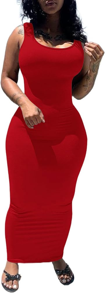 PINSV Women's Sexy Bodycon Tank Dress Basic Sleeveless Long Maxi Dresses Party Club Beach Sundres... | Amazon (US)