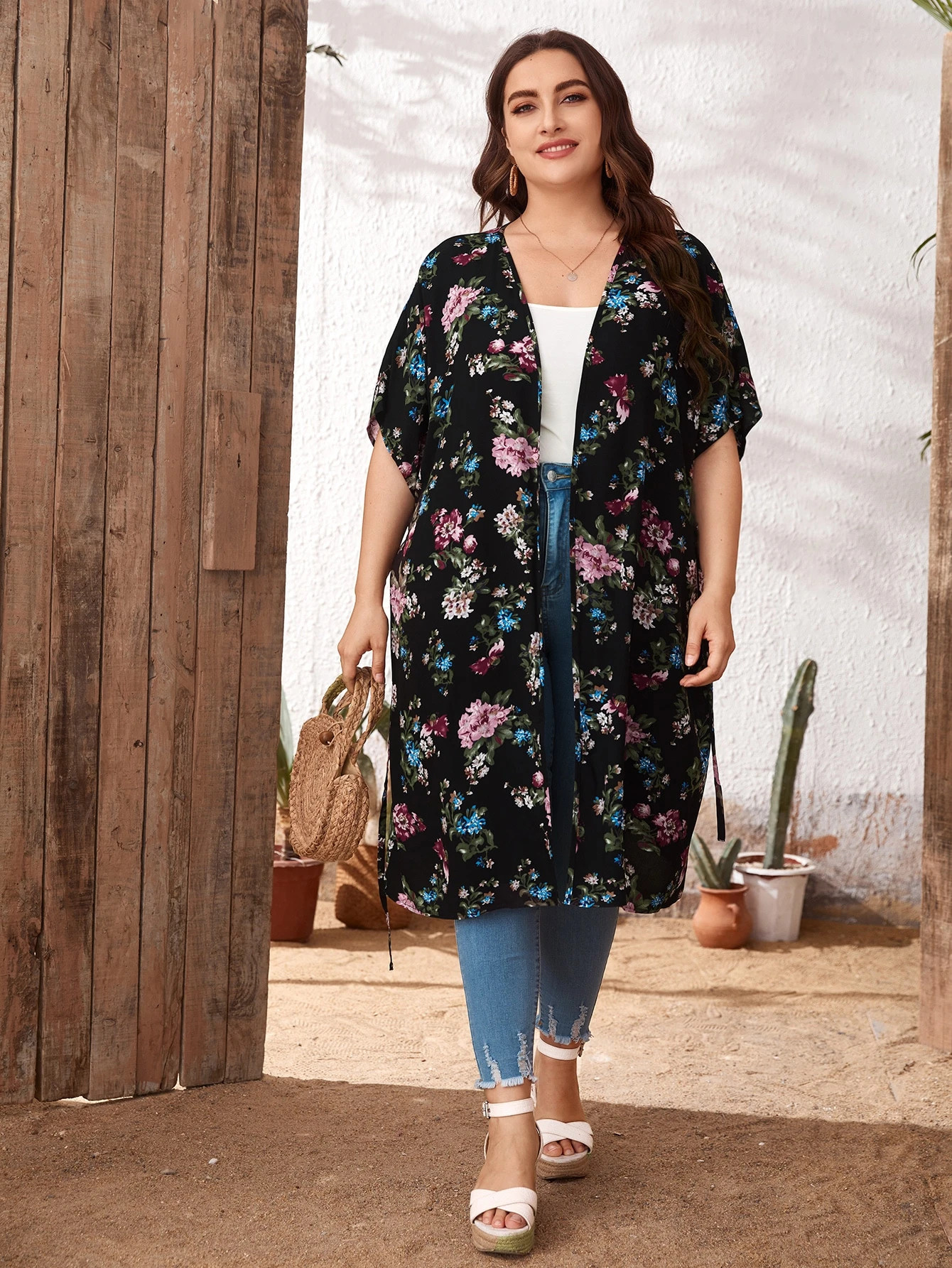 SHEIN Plus Floral Print Belted Kimono | SHEIN