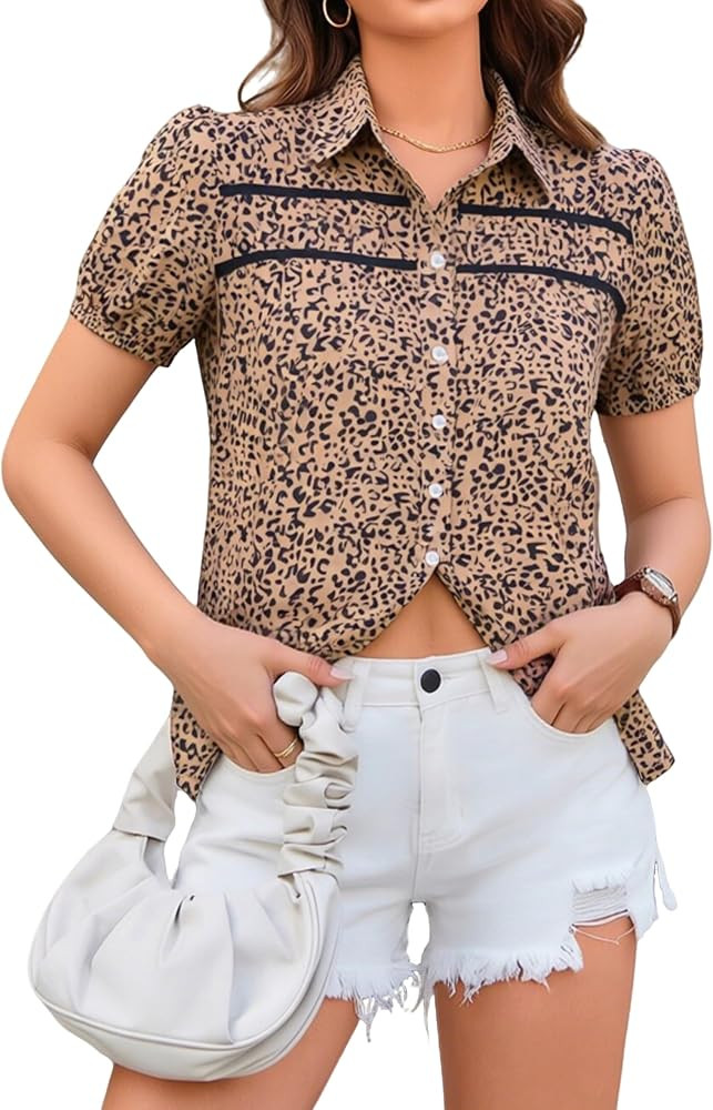 AOVDE Women Floral Leopard Button Down Shirts Puff Sleeve Blouse Contrast Trim Casual Dressy Summ... | Amazon (US)