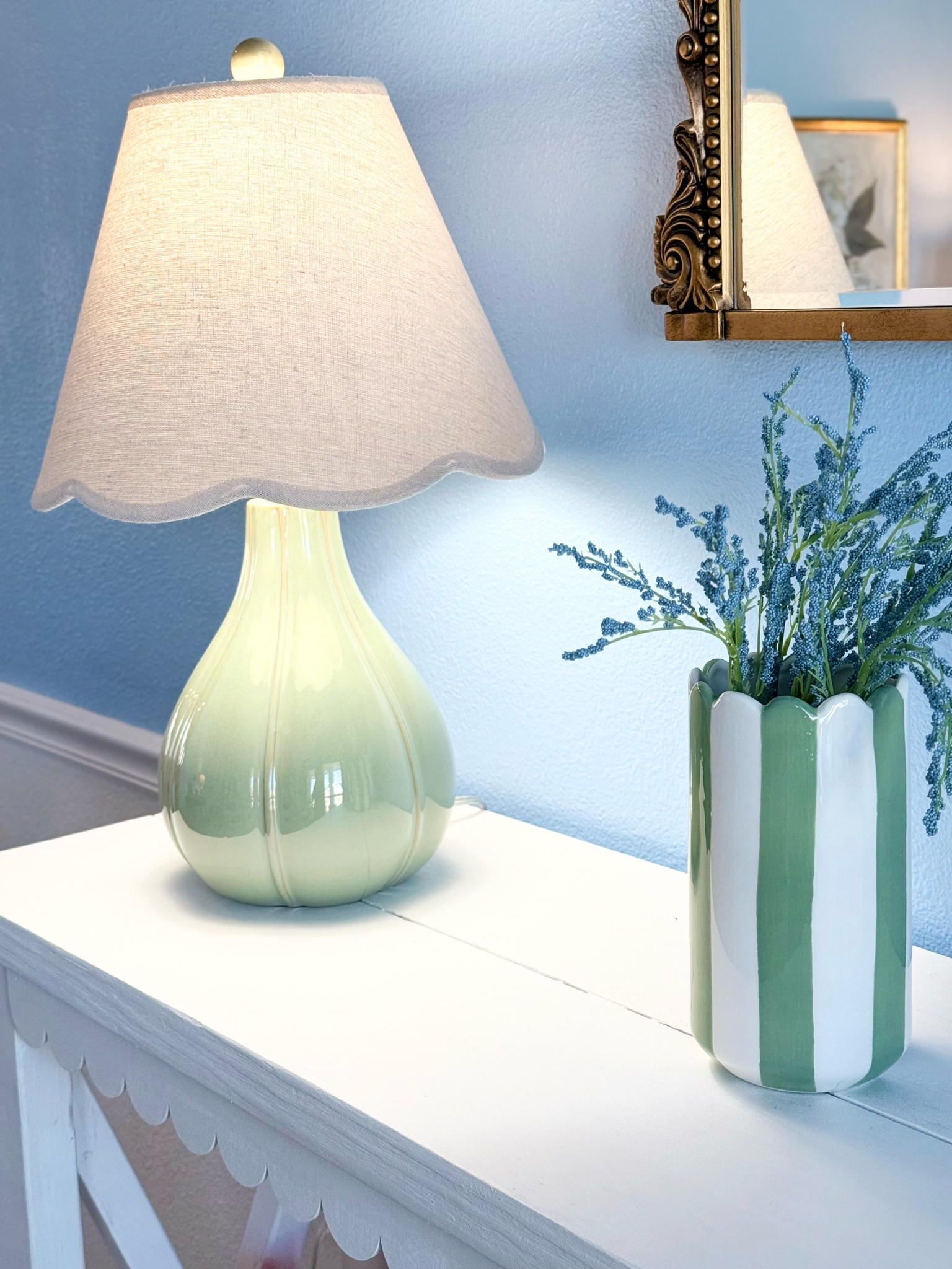 Ceramic table lamps and Spring Easter decor , striped green vases and wicker scalloped baskets and trays. Beautiful pastel home decor deals!!! 

#LTKSeasonal #LTKSaleAlert #LTKHome