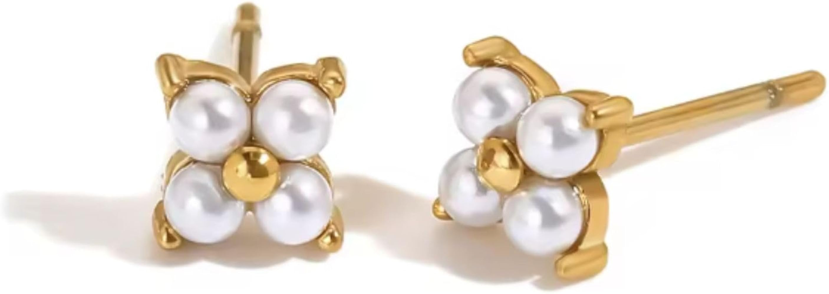 QueenBee Silver & Gold Pearl Ivy Flower Earrings, Dainty Floral Stud Jewelry, Delicate Clover Min... | Amazon (US)