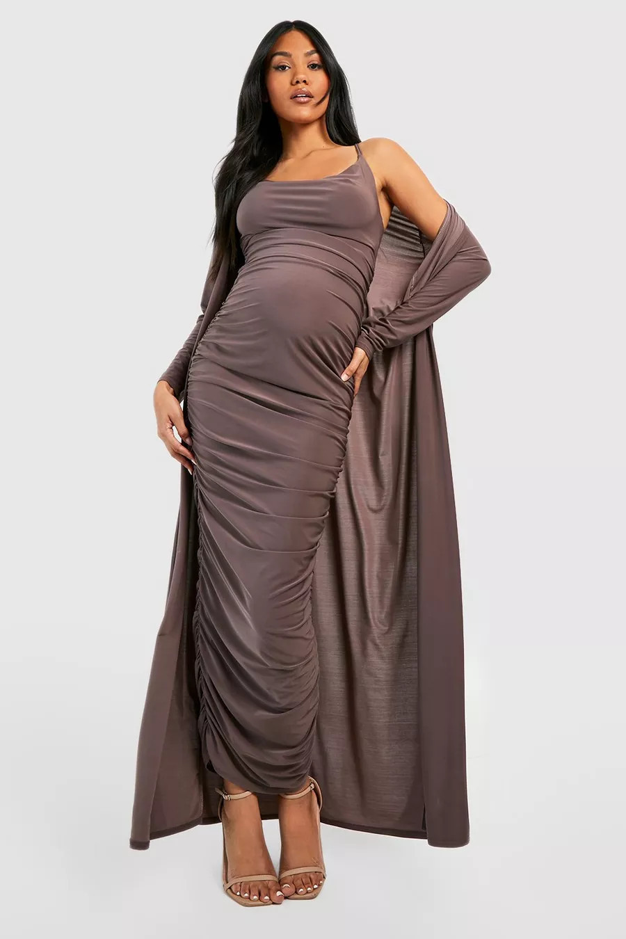 Maternity Maxi Strappy Cowl Dress And Duster Coat | Boohoo.com (US & CA)