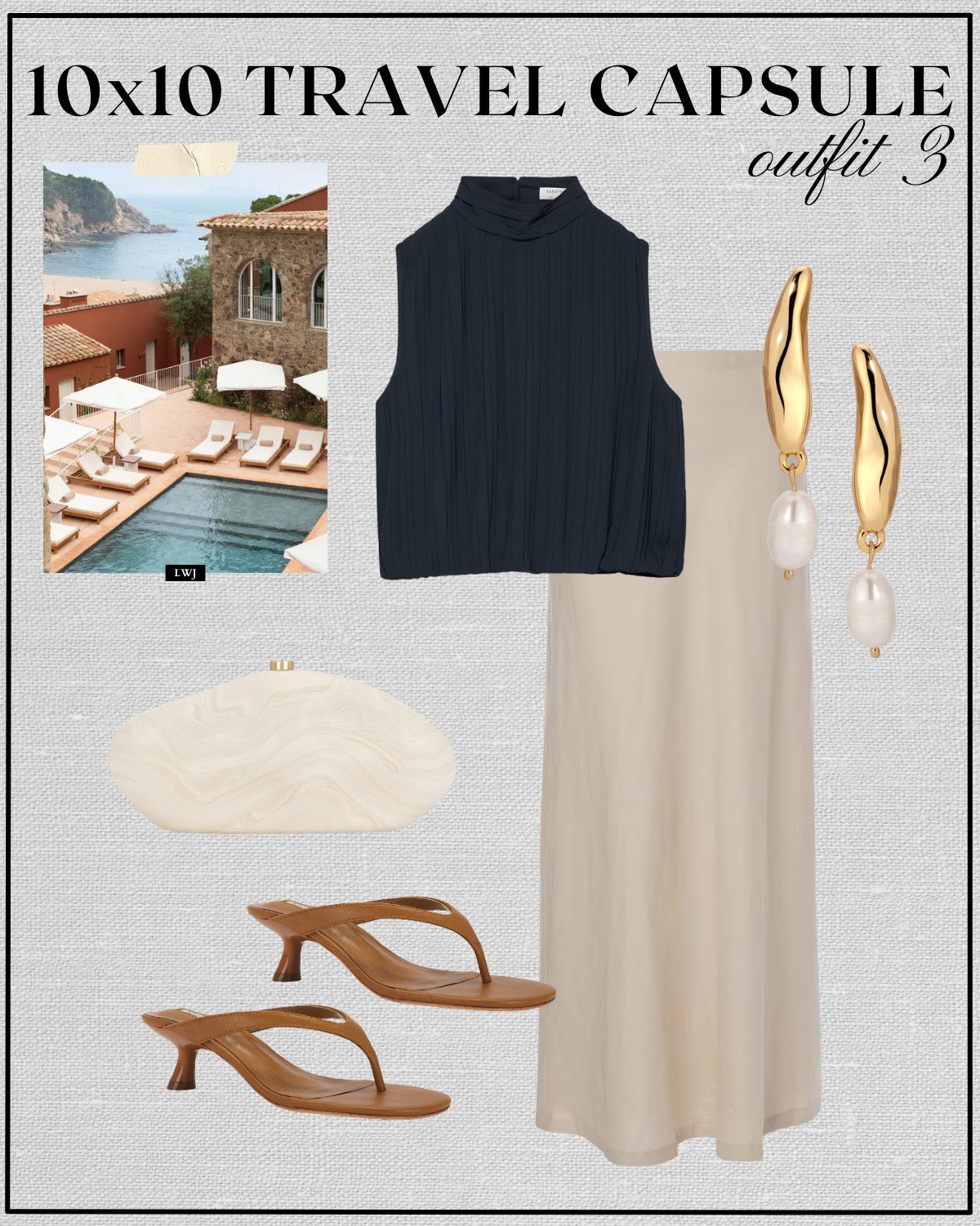 beach getaway outfit inspo

aritzia navy drape top / beige linen skirt / cognac brown heeled sandals / pearl clutch / pearl earrings / dressy style / elevated style / chic style  

 #LTKTravel
