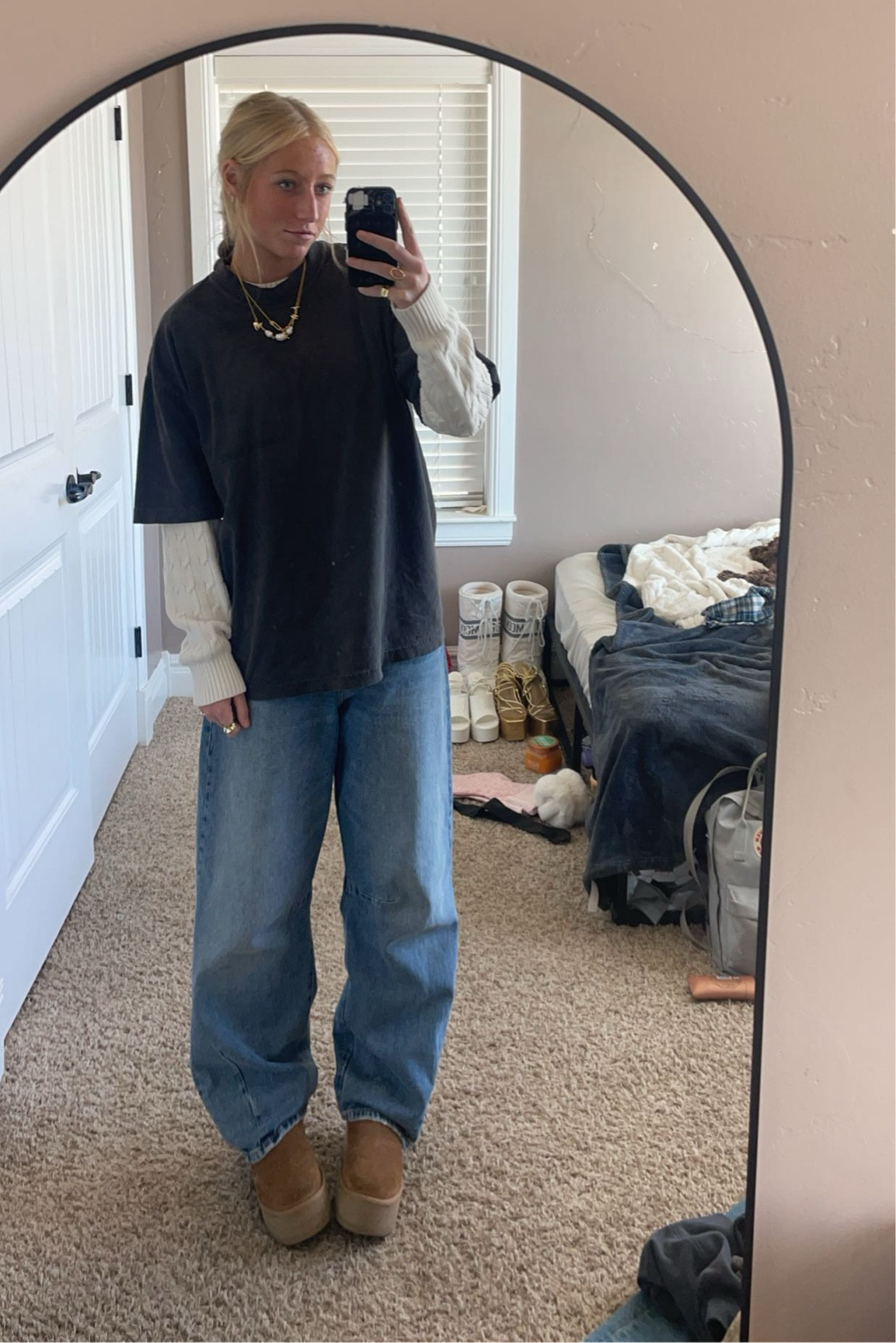 necklace is En Route Jewelry and grey shirt is Lonely Ghost! the jeans aren’t the same as linked, mine are from Zara, but they are pretty much identical!