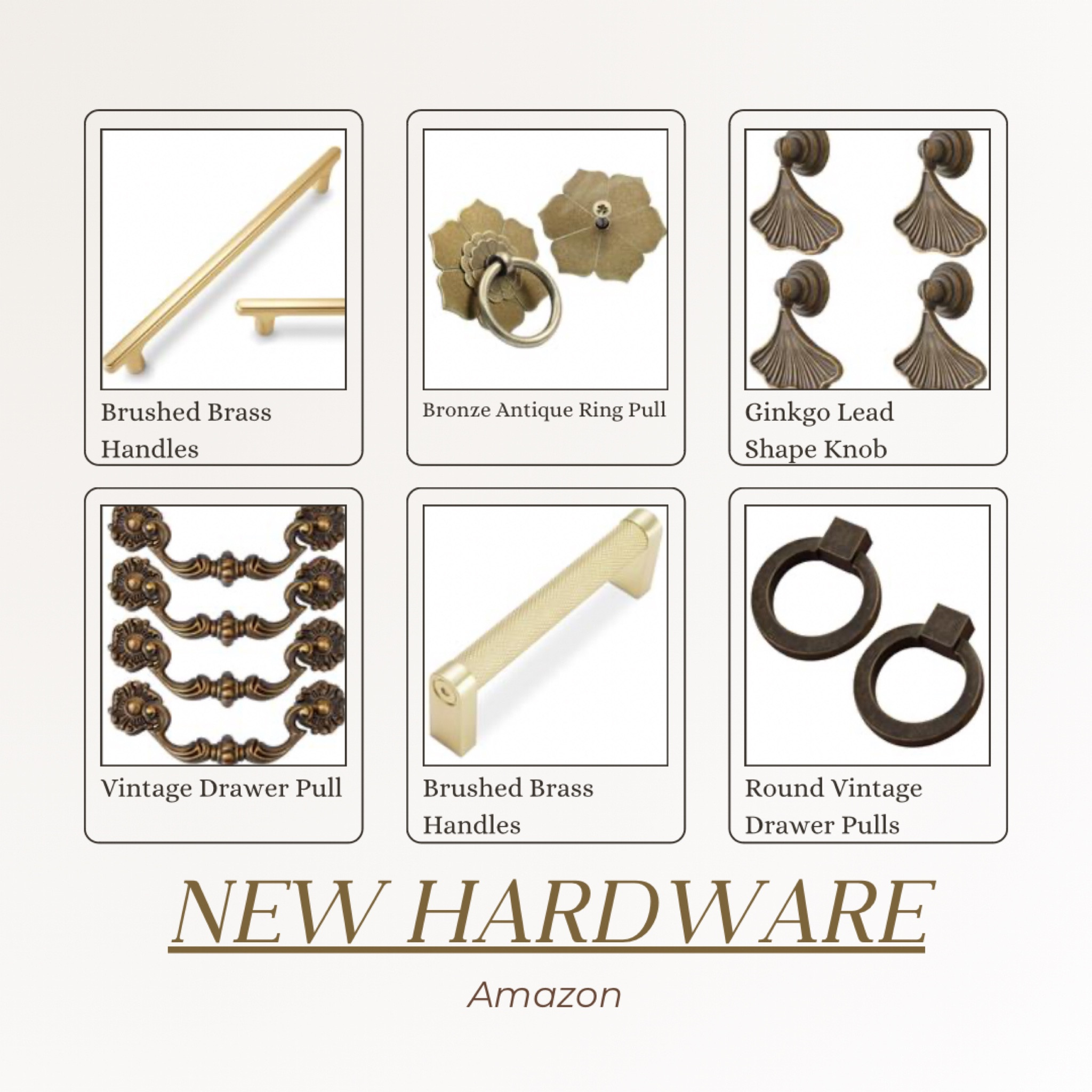 Add character to your furniture with Amazon's new hardware collection, combining classic and contemporary styles. The sleek Brushed Brass Handles bring a modern, understated elegance, while the Bronze Antique Ring Pull and Vintage Drawer Pull offer a touch of old-world charm. The unique Ginkgo Leaf Shape Knob and Round Vintage Drawer Pulls introduce a decorative, nature-inspired element, perfect for adding personality to cabinets or drawers. This assortment of knobs and pulls provides a variety of options for elevating your home’s aesthetic with ease.

#LTKHome