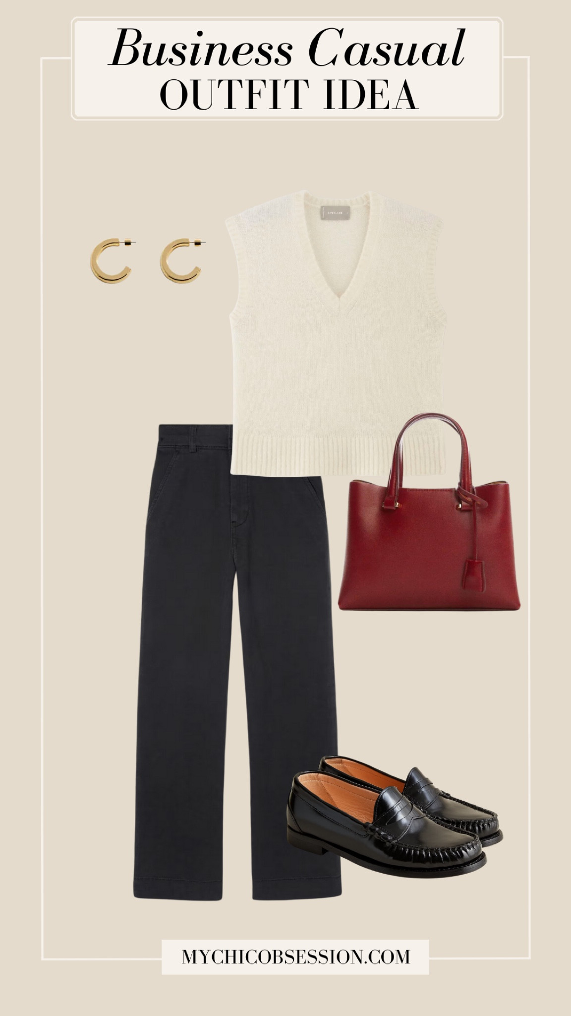 If you want to add a pop of color to your business casual look, try doing so with your bag! Stick with neutrals for the base of your outfit, like a cream sweater vest, black trousers, gold hoops and black loafers.

#LTKstyletip #LTKSeasonal #LTKworkwear