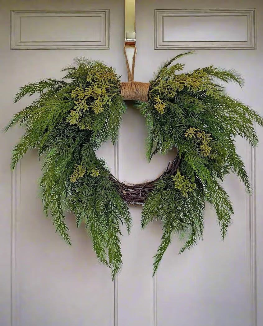 18 inch Artificial Cedar and Jute Front Door Wreath with Hand Tied Twig Base | Amazon (US)
