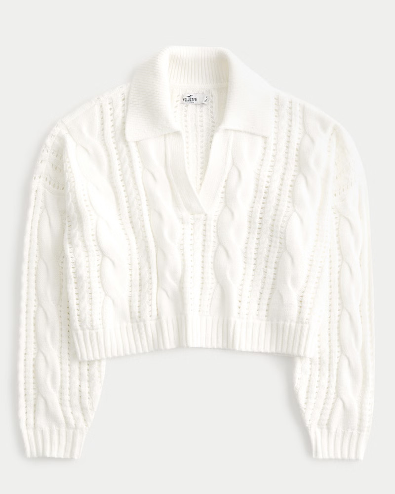 Easy Long-Sleeve Cable-Knit Polo Sweater | Hollister (US)