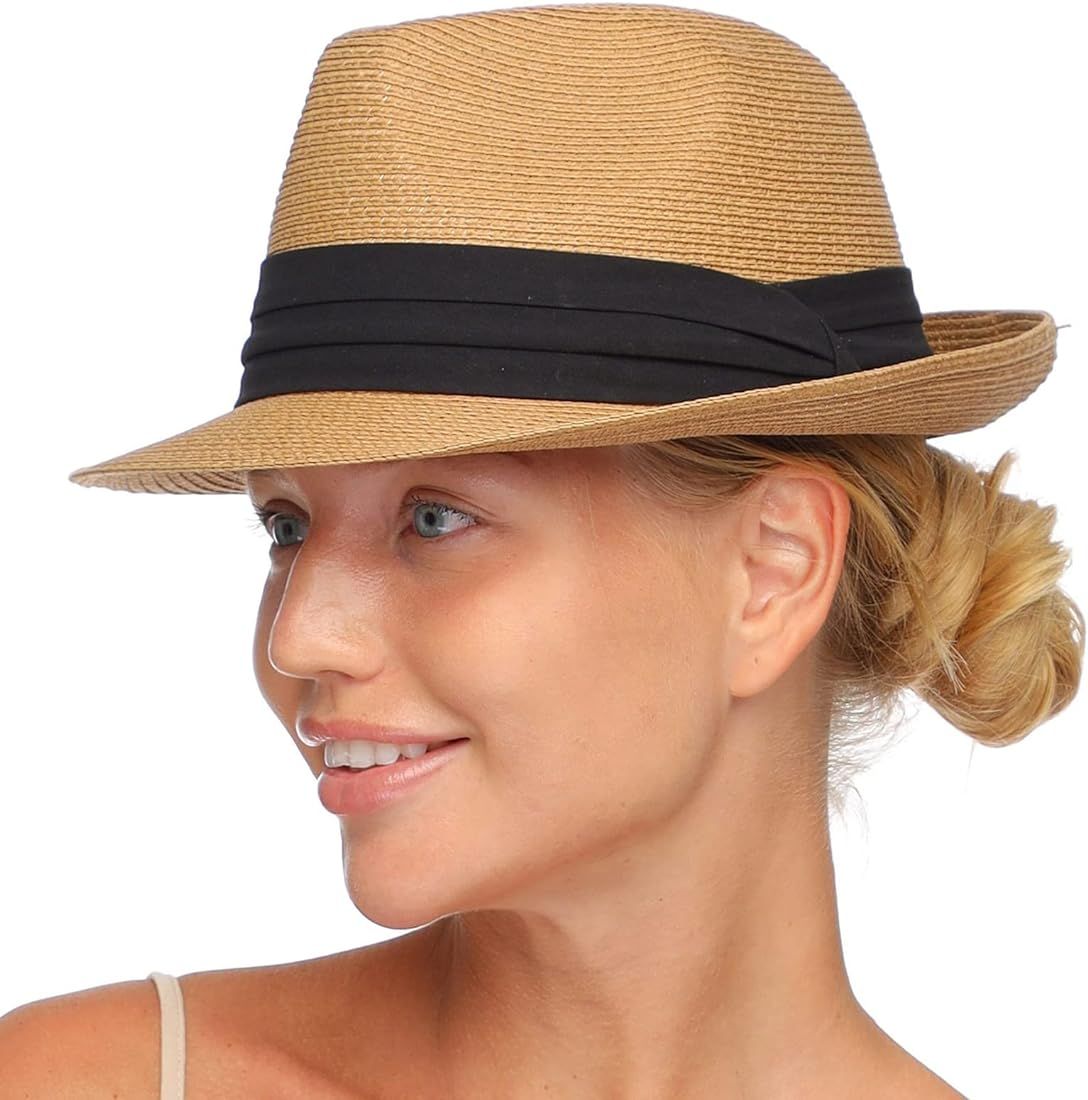 FURTALK Fedora Straw Sun Hat for Men Women Foldable Roll Up Short Brim Trilby Hat Panama Beach Hat U | Amazon (US)