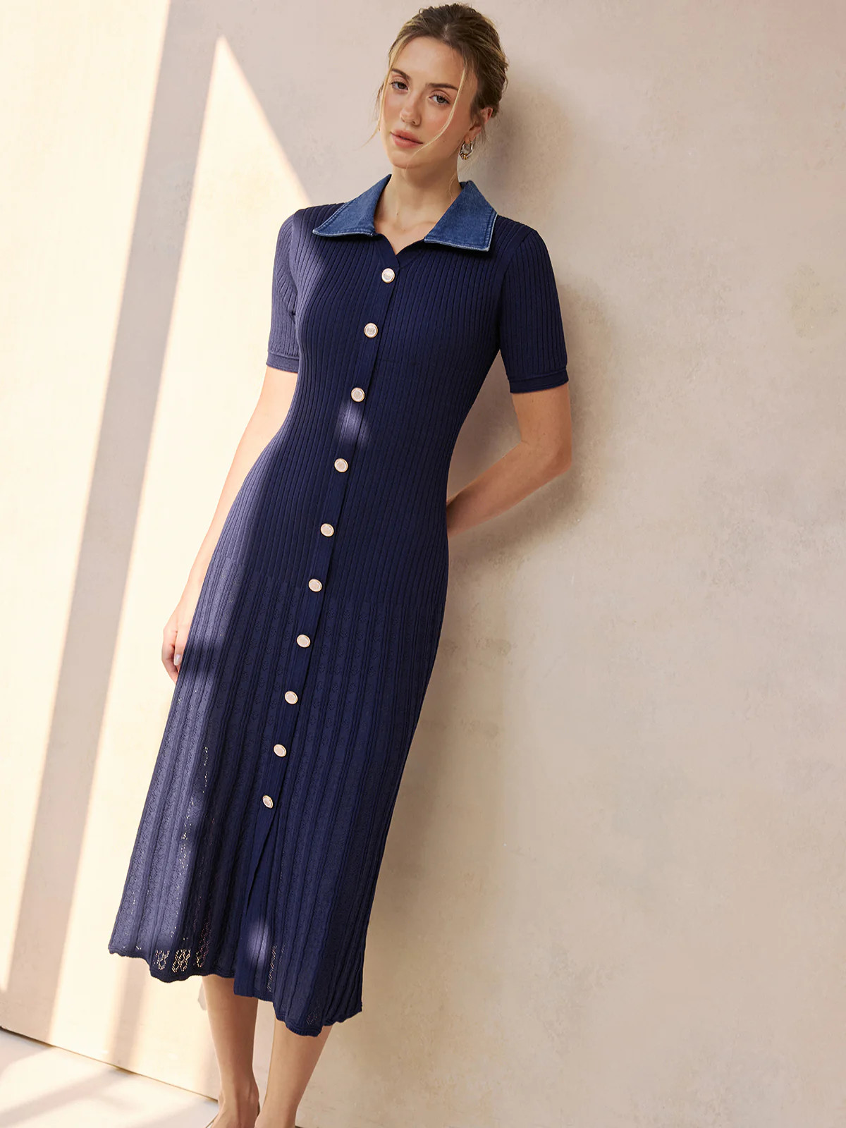 Denim Collar Ribbed Knit Midi Dress | Commense