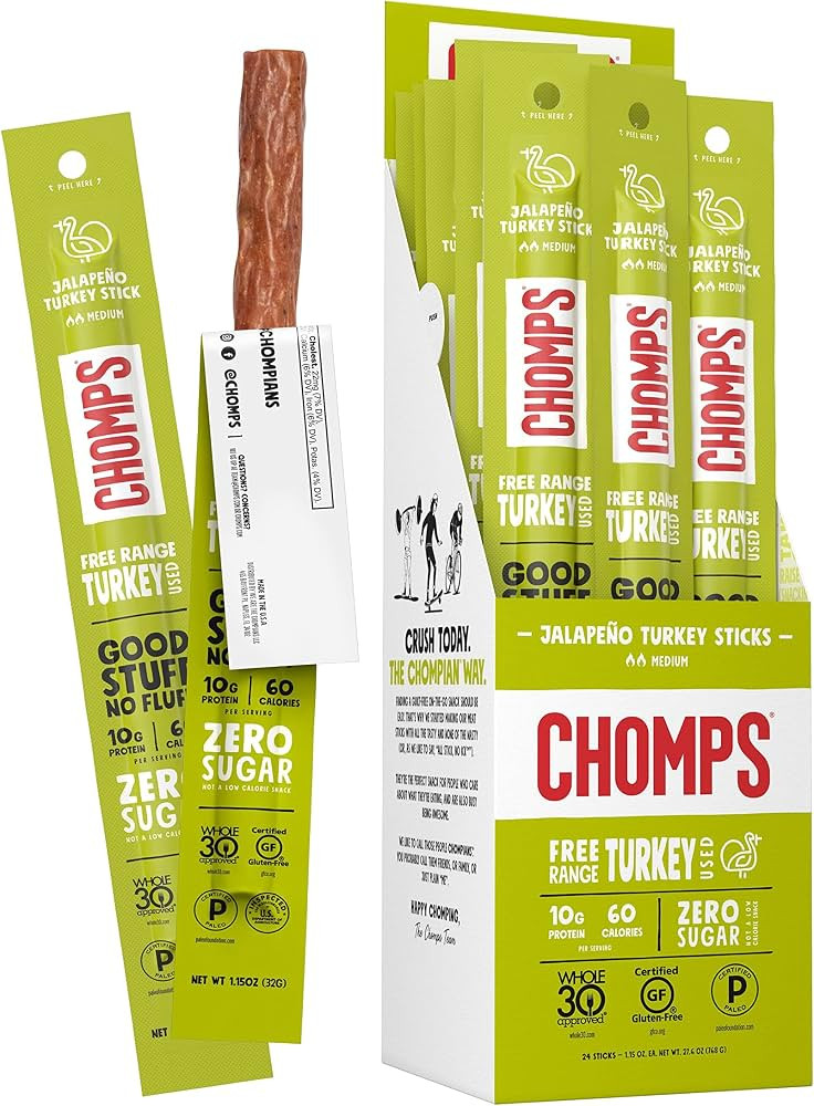 CHOMPS Free Range Jalape\u00f1o Turkey Jerky Snack Sticks, Keto, Paleo, Whole30 Approved, Non-GMO... | Amazon (US)