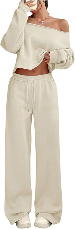 SOLY HUX Women's 2 Piece Outfits Fall Sweatsuits Off The Shoulder Crop Top Wide Leg Sweatpants Ca... | Amazon (US)