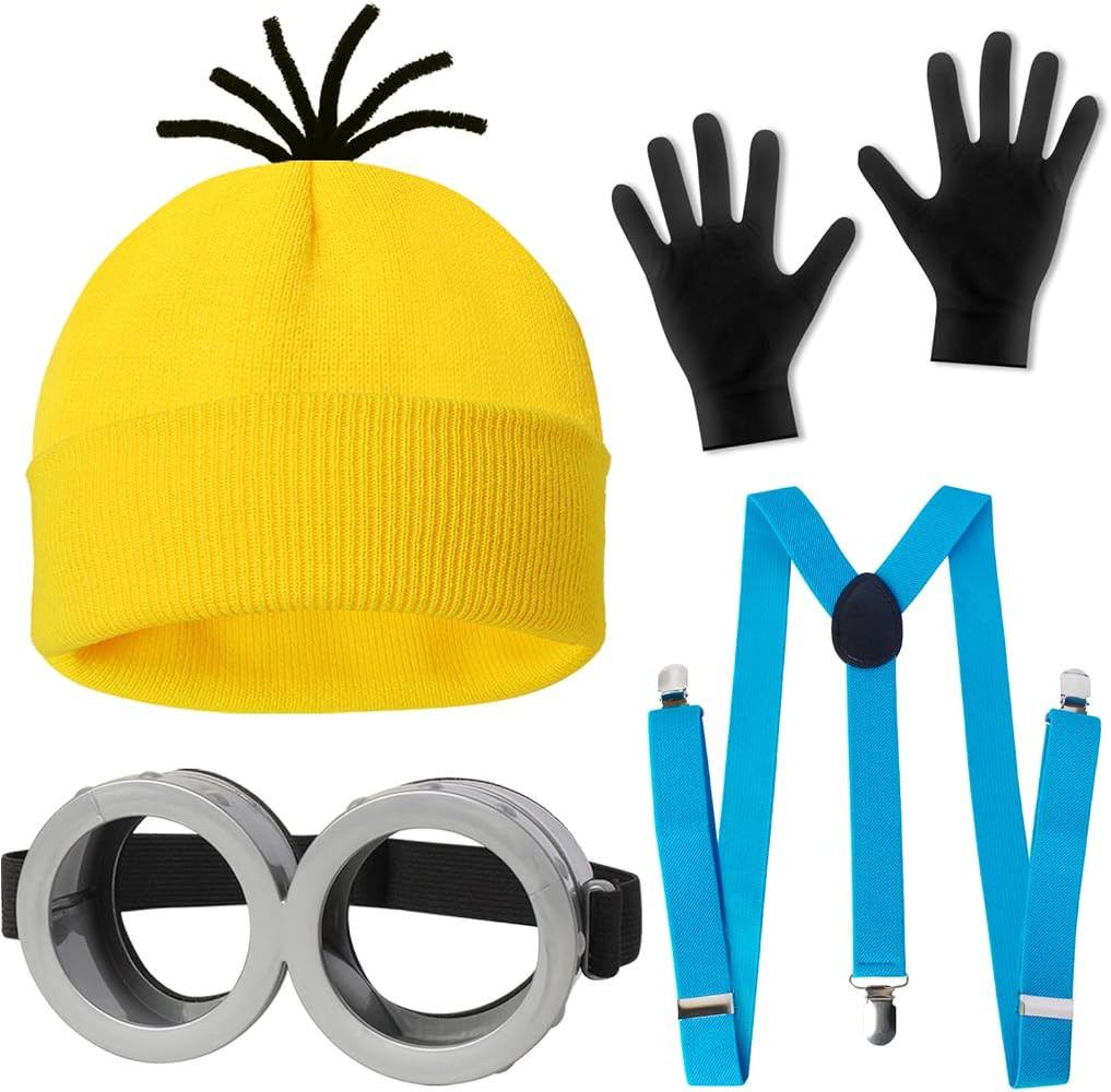 CONGRU 4 Pcs Halloween Costume for Adults,Yellow Hat/Goggle/Glove/Suspender | Amazon (US)