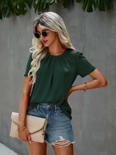 Solid Pleated Detail Puff Sleeve Blouse | SHEIN