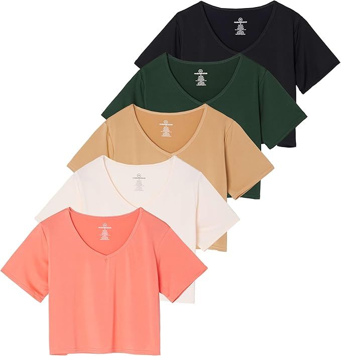 Real Essentials 5 Pack: Women's Dry-Fit Short Sleeve V-Neck Crop Top Boxy Athletic Tee | Amazon (US)