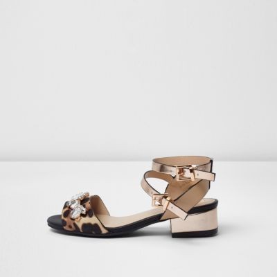 Girls brown animal print block heel sandal | River Island (US)