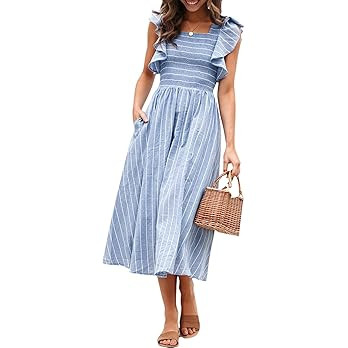 Miessial Womens Summer Smocked Midi Dress Casual Flutter Sleeve Long Boho Flowy A Line Church Mod... | Amazon (US)