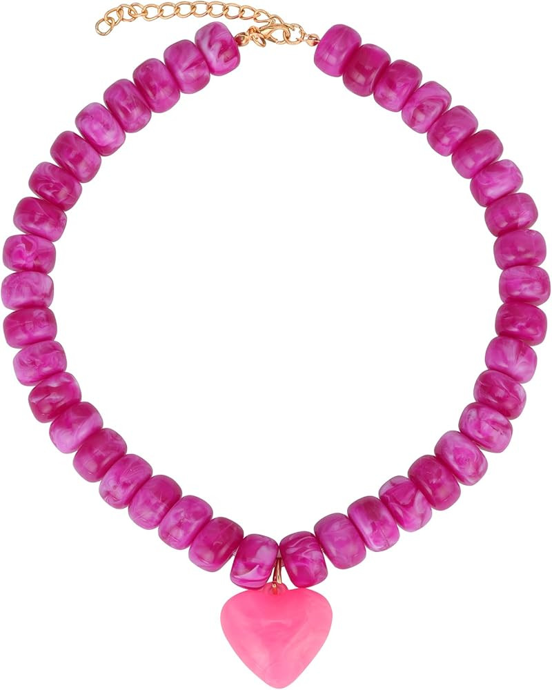 Chunky Colorful Beaded Statement Boho Summer Beach Chokers Necklace Heart Pendant Pink Green Yell... | Amazon (US)