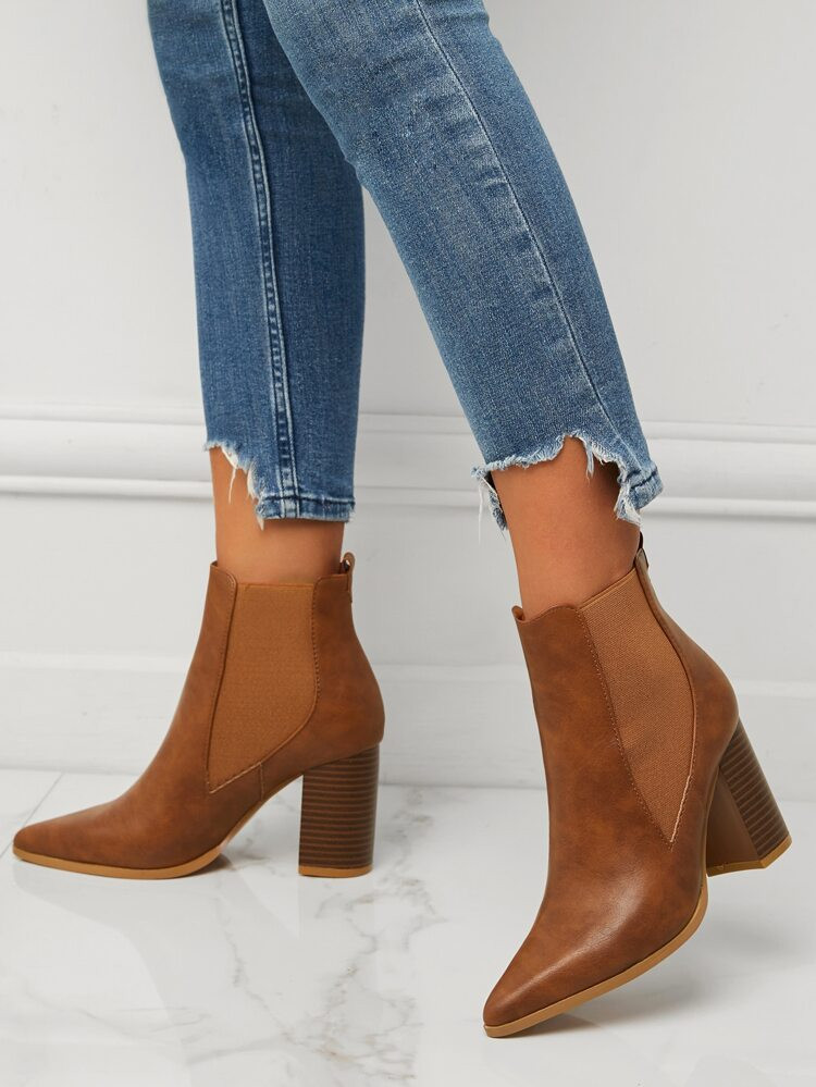 Minimalist Point Toe Chunky Heeled Slip-On Chelsea Boots | SHEIN