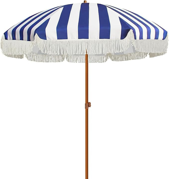 AMMSUN 7ft Patio Umbrella with Fringe Outdoor Tassel Umbrella UPF50+ Wood Color Steel Pole and St... | Amazon (US)