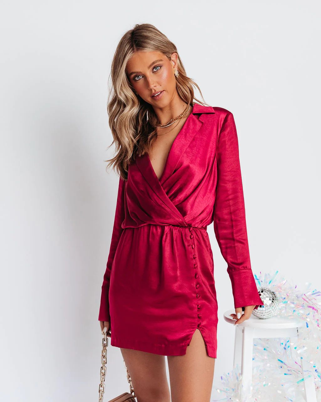 Stay Fashionably Focused Satin Collared Mini Dress - Wine | VICI Collection