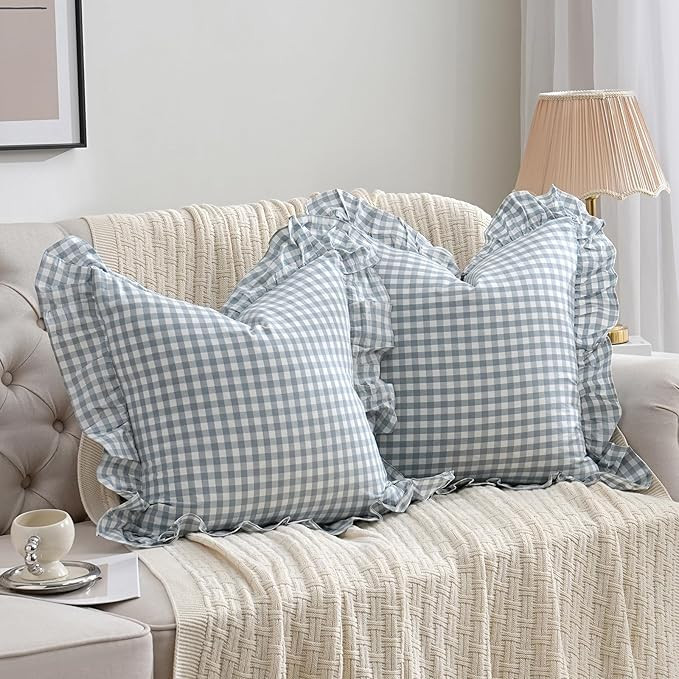 2 Pack Blue White Plaid Ruffle Throw Pillow Covers Farmhouse Checkered Chic Washed Cotton Pillowc... | Amazon (CA)