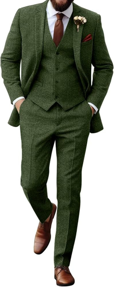 Retro Tweed Herringbone Suit for Men Slim Fit 3 Pieces Mens Suit Groom Dress Tuxedos Prom Suit Ja... | Amazon (US)