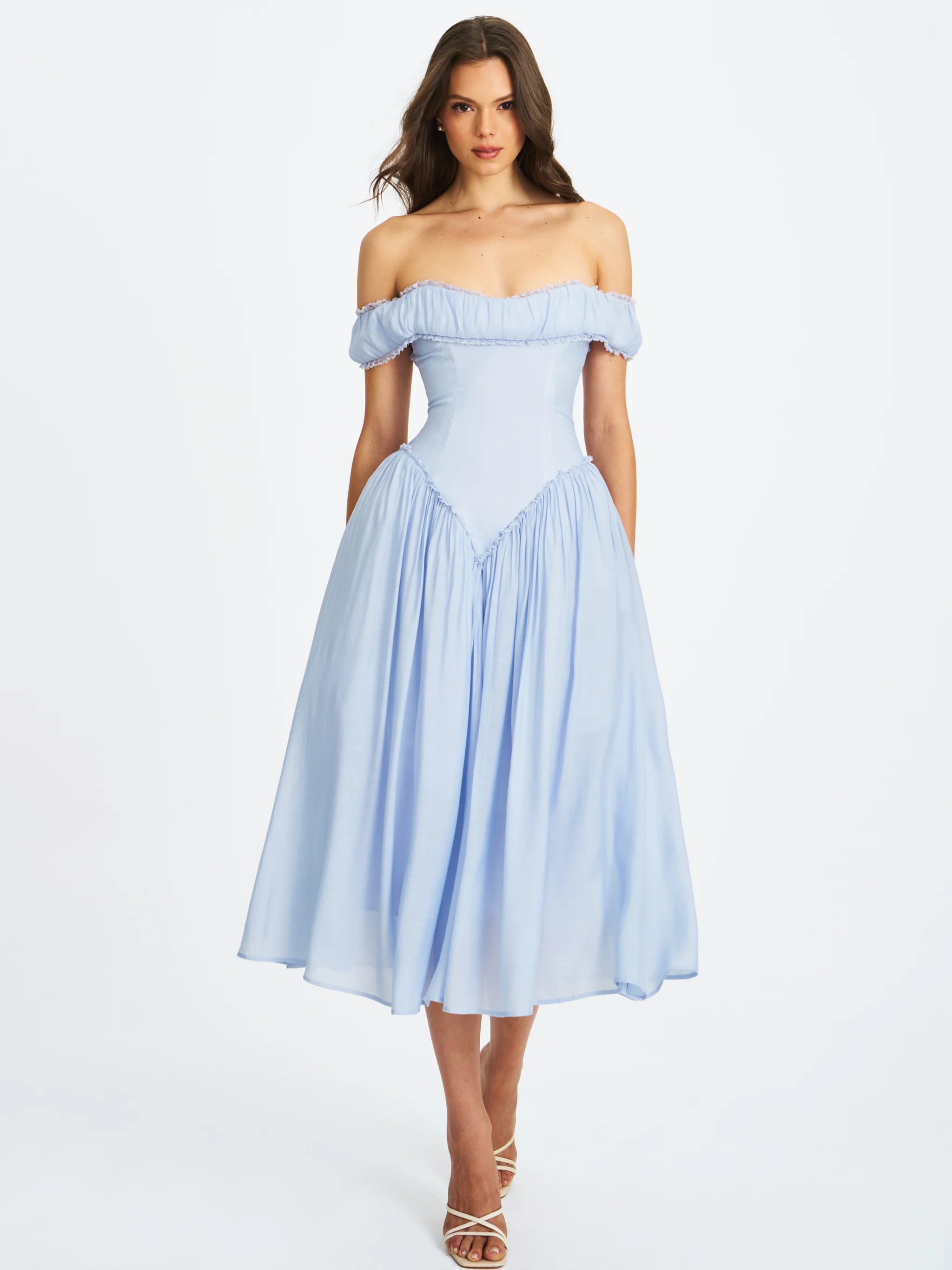Xavy Baby Blue Off Shoulder Corset Midi Dress | Miss Circle