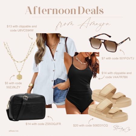 Today’s afternoon deals include a loose fit linen blouse paired with a black one piece bathing suit, tortoise shell sunglasses, slide sandals, a black crossbody purse, and a gold layered necklace. 

Ootd, Amazon fashion, summer outfit, mom friendly bathing suit, resort wear

#LTKsalealert #LTKstyletip #LTKfindsunder50