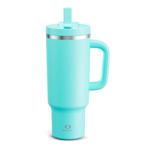 40 oz Tumbler with Handle and Straw: Stainless Steel Insulated Tumbler Keeps Cold for 24 Hours, Leakproof Travel Cup Fits in Cup Holder and BPA-Free,Aquamarine Blue | Amazon (US)