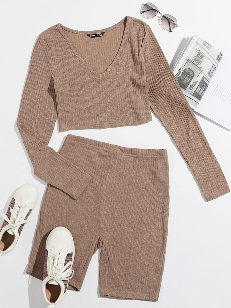 SHEIN Rib-knit Top & Biker Shorts Set | SHEIN