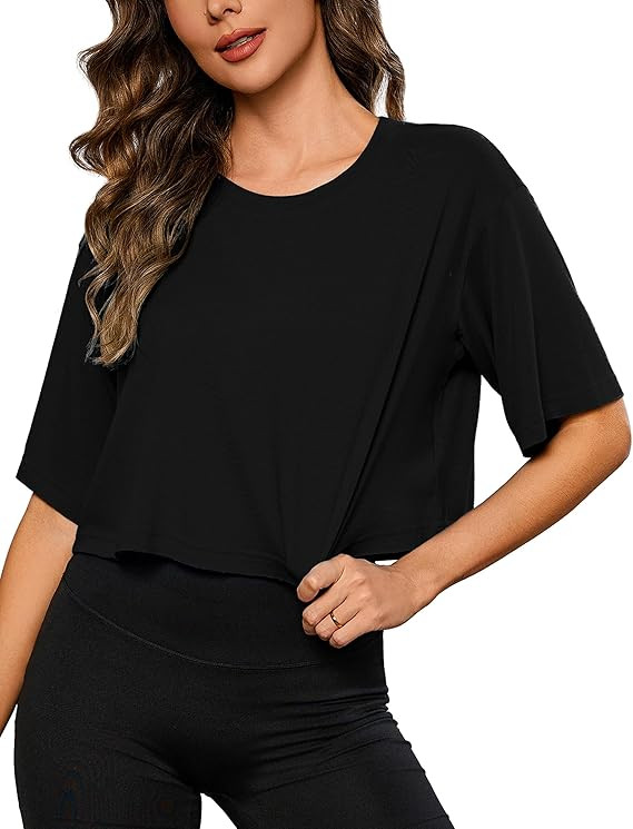 Quenteen Women's Boxy Half Sleeve T-Shirt Crew Neck Oversized Athletic Summer Casual Workout Crop... | Amazon (US)