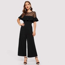 Dot Mesh Sheer Yoke Ruffle Trim Jumpsuit | SHEIN