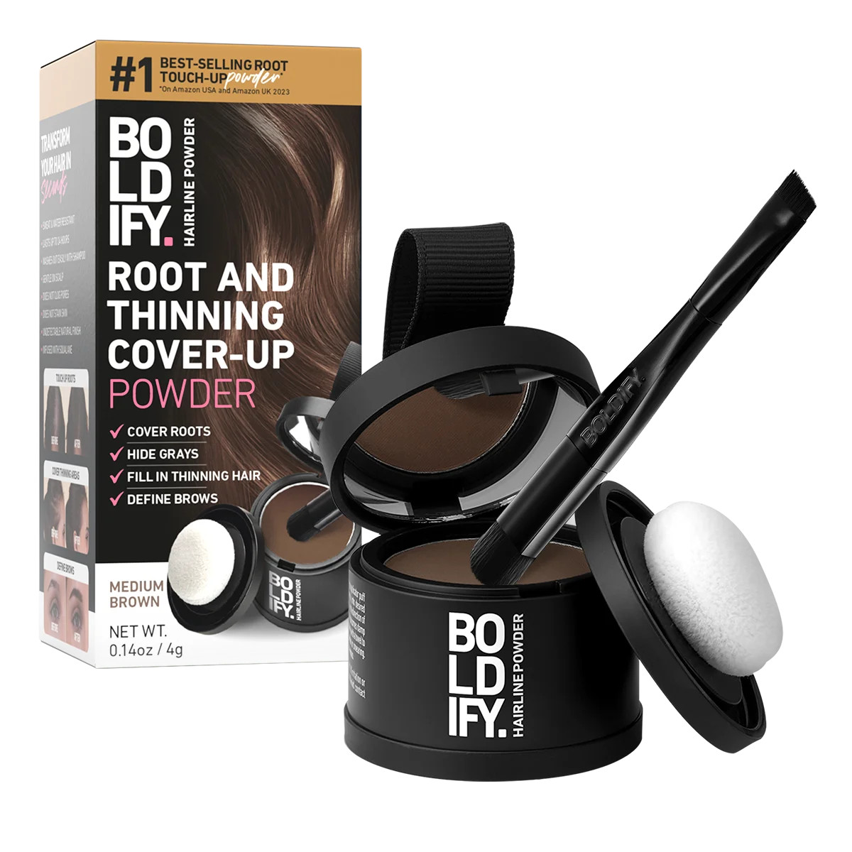 BOLDIFY Root Touch Up Powder with Brush, Covers Thinning Hair & Grays, Water-Resistant, Medium Br... | Walmart (US)