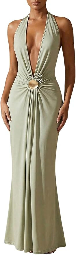 OYOANGLE Women's Deep V Neck Halter Maxi Dress Sexy Summer Backless Wedding Guest Vacation Beach ... | Amazon (US)