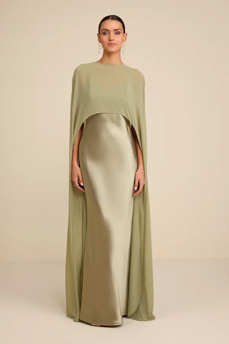 Cavana Sage Satin Cape Maxi Dress | Lulus