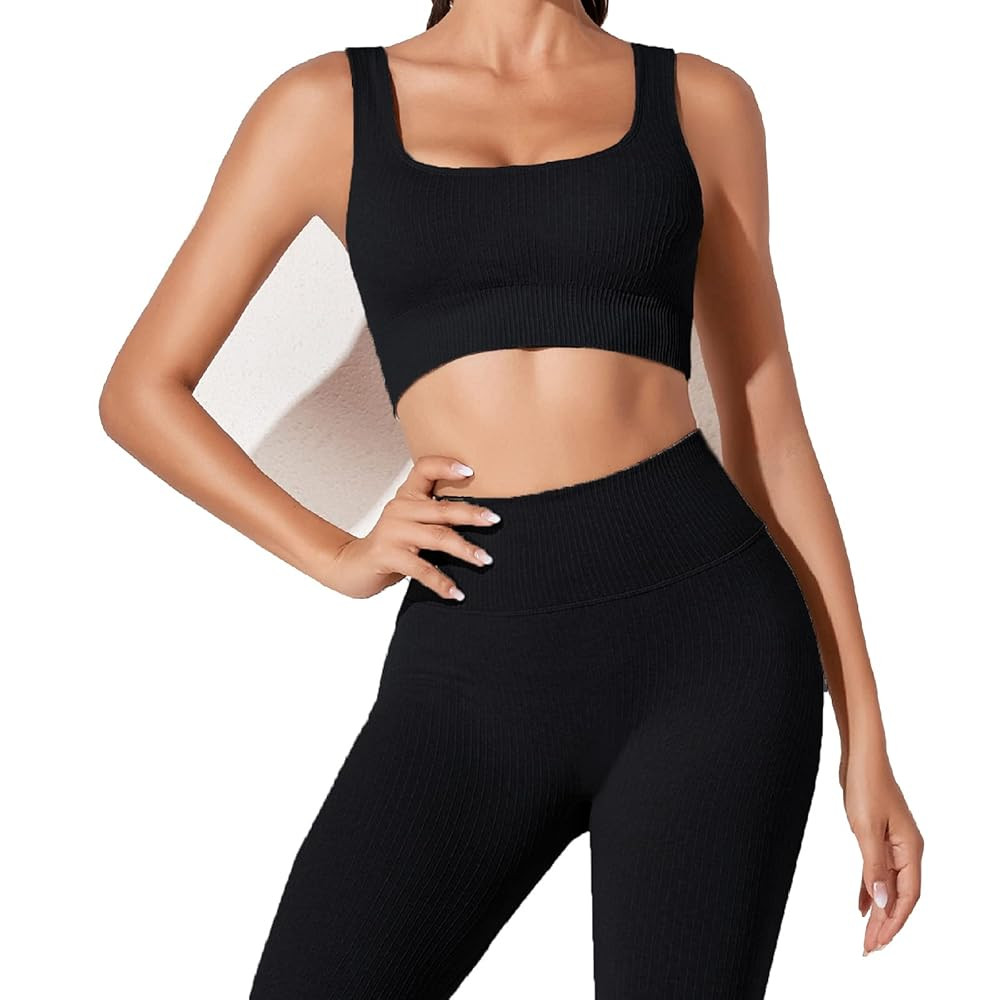 JN JANPRINT Workout Outfits for Women 2 Piece Set Ribbed Seamless Yoga Outfits Crop Top Leggings ... | Amazon (UK)