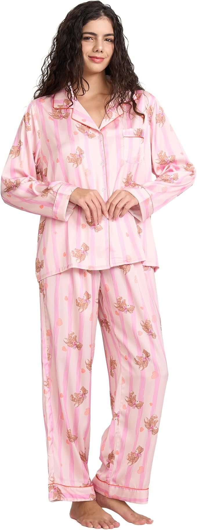 Womens Silk Satin Pajamas Set Button Down 2 Piece Pjs Long Sleeve Oversized Sleepwear with Pocket... | Amazon (US)
