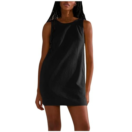 Womens Cotton Linen Mini Dress with Pockets,2024 Summer Crew Neck Sleeveless Open Back Dresses,Ca... | Amazon (US)