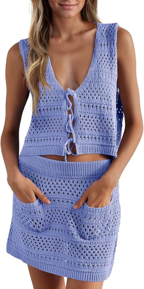 Saodimallsu Womens Crochet Swim Cover Up 2 Piece V Neck Sleeveless Front Tie Crop Tops Beach Mini... | Amazon (US)