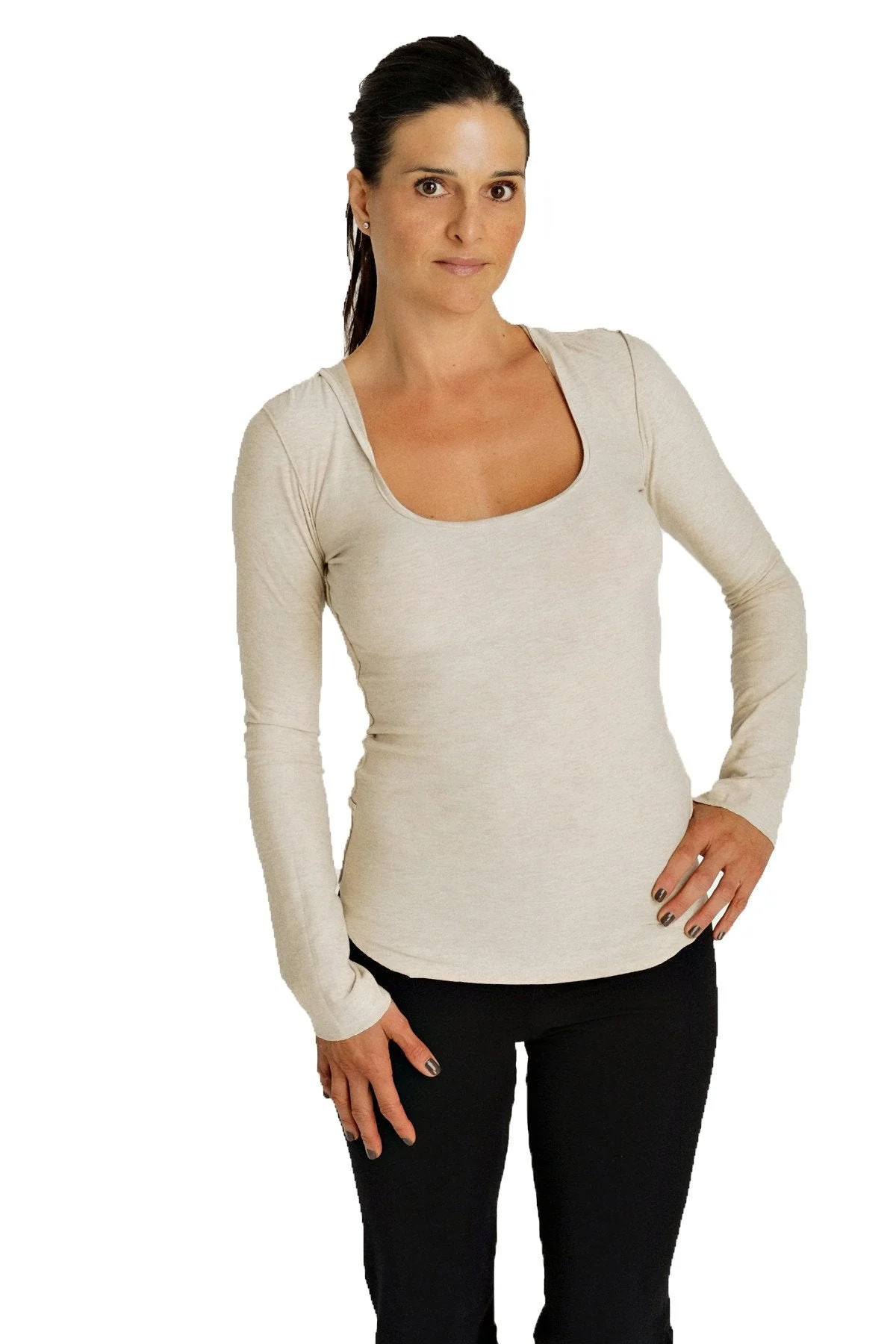 Deep Scoop Neck Long Sleeve Hoodie Top (Sand Beige) Medium / Beige | Casual Chic Boutique