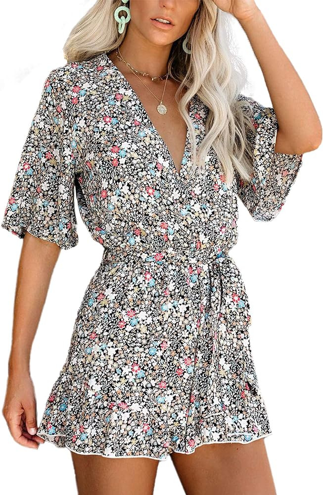 Relipop Women's Summer Romper Floral Print V Neck Flared Half Sleeve Elastic Tie Waist Ruffle Cas... | Amazon (US)