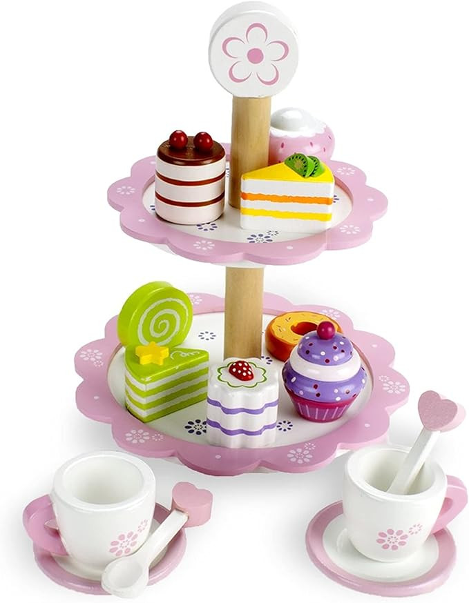 Wood 15-Piece Tea Time Pastry Tower by Imagination Generation | Toy Dessert Stand with Tea Set, C... | Amazon (US)