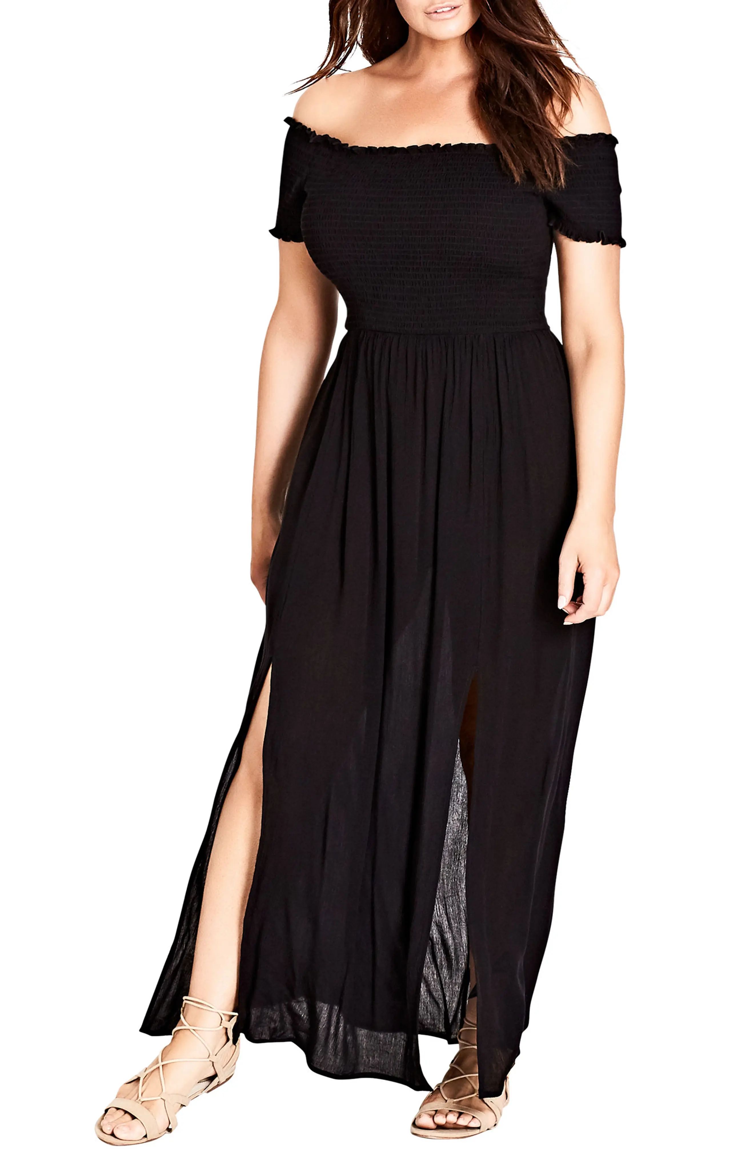 Plus Size Women's City Chic Smocked Off The Shoulder Maxi Dress, Size Large - Black | Nordstrom