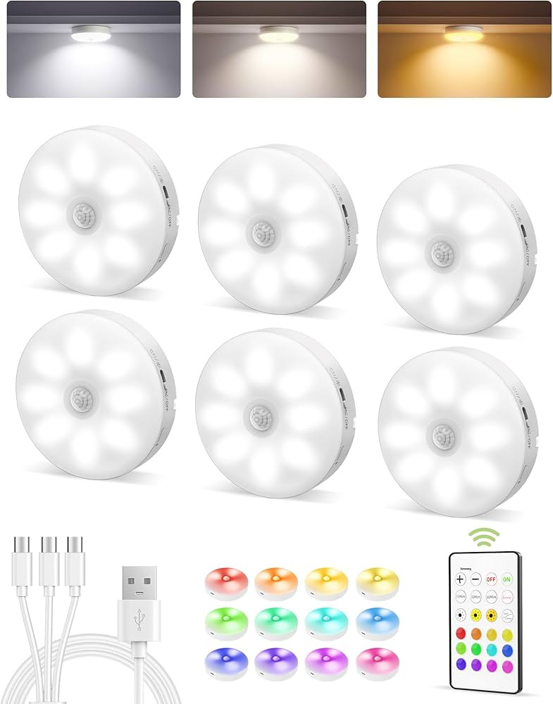 EZVALO 6-Pack Under Cabinet Lighting, Rechargeable Motion Sensor Puck Light with Remote, 3 Color ... | Amazon (US)