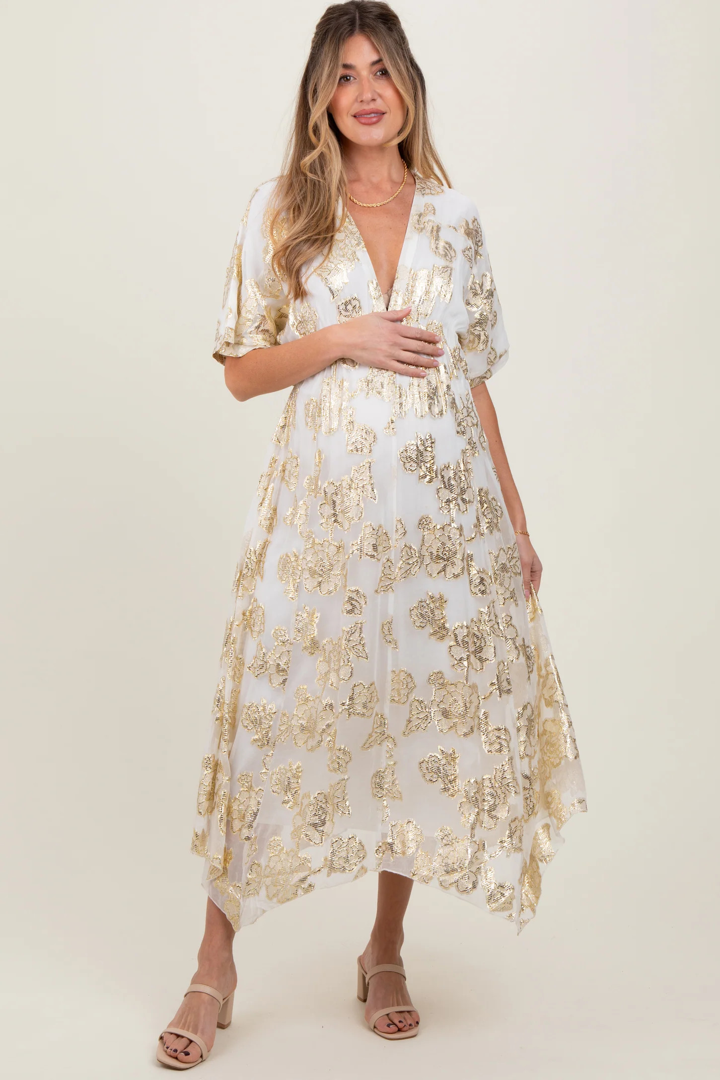 Cream Metallic Floral Jacquard Overlay Maternity Maxi Dress | PinkBlush Maternity