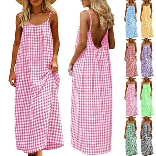 Summer Dress for Women Fashion Casual Sleeveless Backless Cami Dresses Loose Spaghetti Strap Cotton Linen Sundress | Amazon (US)