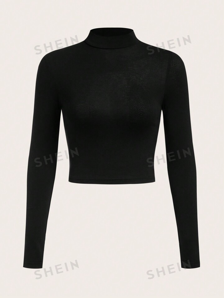 SHEIN BASICS Mock Neck Solid Slim Crop Tee | SHEIN